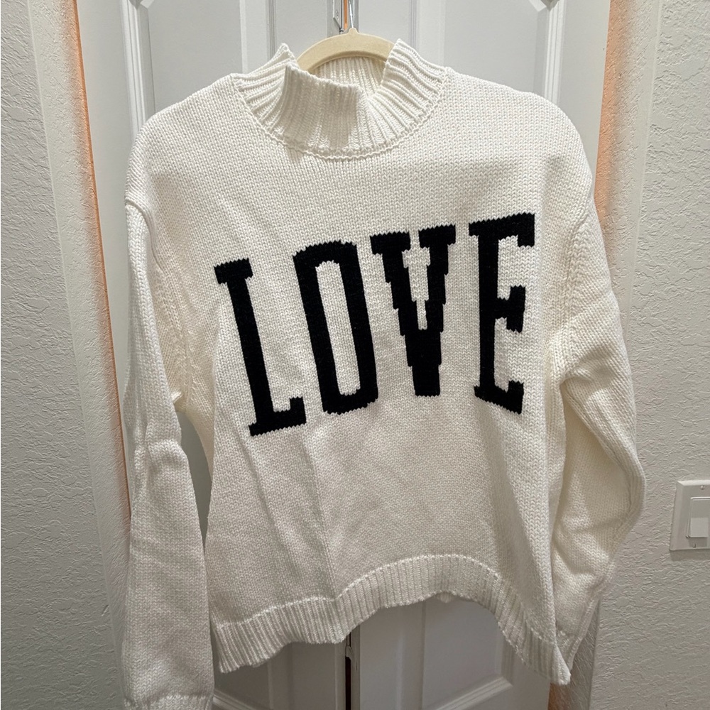 Z Supply White Turtleneck Sweater with Black LOVE